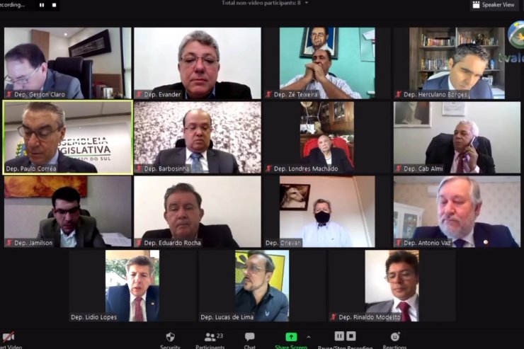 Imagem: Deputados estaduais da Assembleia Legislativa de Mato Grosso do Sul, durante a sessão plenária realizada por vídeoconferência