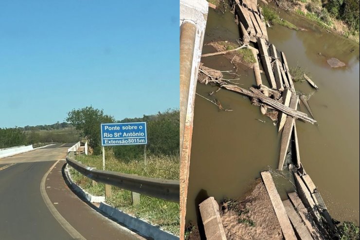 Imagem: Escombros da antiga ponte sobre o Rio Santo Antônio permanecem no leito do rio, logo após o cemitério de Guia Lopes da Laguna. Deputado Renato Câmara solicita ao governo estadual a retirada do material para garantir segurança, navegação e preservação ambiental.