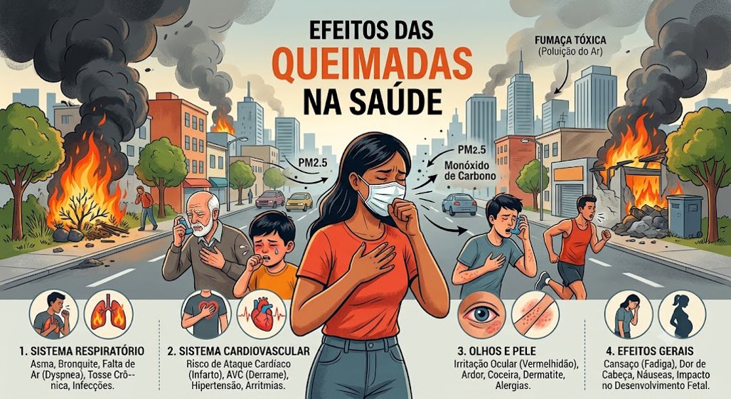 Médicos alertam sobre os efeios das queimadas para a saúde - (Ilustração criada por IA)