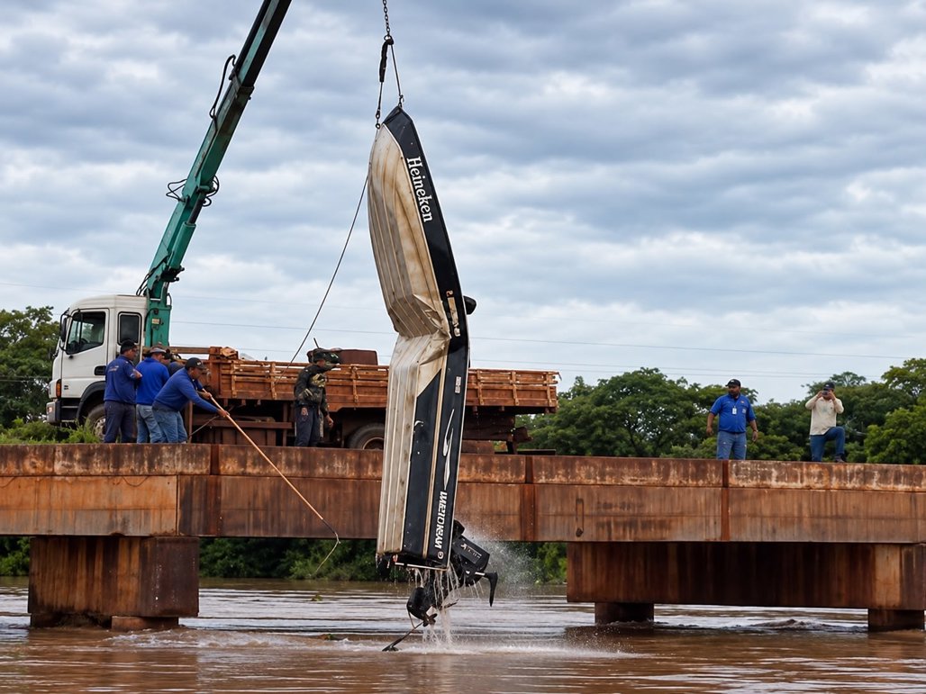 Guindaste retira embarcação das águas do Rio Dourados, com apoio de trabalhadores no local
