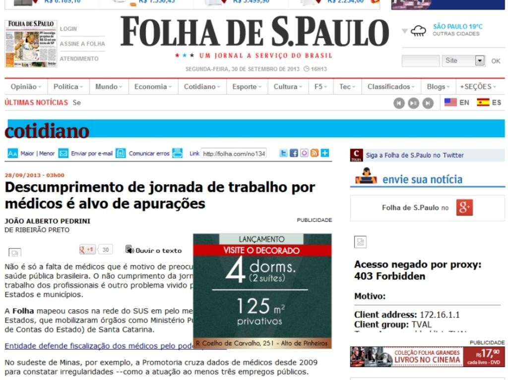 Imagem: Matéria publicada sábado no site da Folha de S.Paulo cita a CPI da Saúde da Casa de Leis.